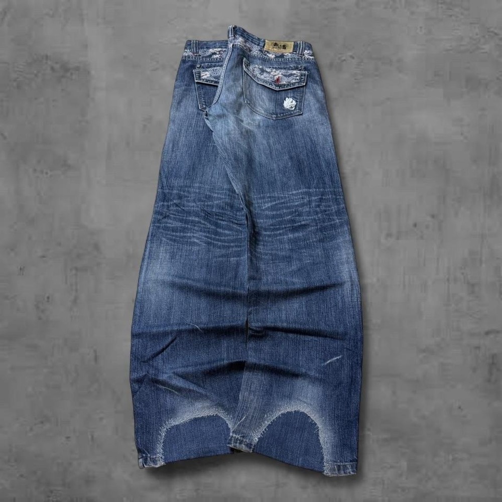 Y2K Vintage 90s Baggy Big Train Dragon Embroidered Wide Leg Denim Japanese Jeans